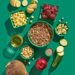 FRED Hirsch mit Kartoffeln & Steckrüben für ernährungssensible Hunde, appetitliche Zutaten auf grünem Hintergrund.