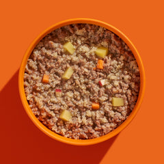 FRED Pute mit Kartoffeln in orangefarbener Schüssel, proteinreich und leicht verdaulich für aktive Hunde.