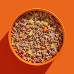 Nassfutter FRED Pute mit Kartoffeln für junge Hunde in orangefarbener Schüssel, nährstoffreich und schmackhaft.