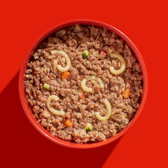 FRED Rind mit Nudeln in roter Schüssel, gefüllt mit Rindfleisch, Gemüse und Nudeln, ideal für wählerische Hunde.