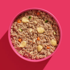 FRED Schwein mit Spätzle in pinker Schüssel, herzhaftes Hundefutter mit Fleisch und Gemüse, lebendige Farben und cremige Text