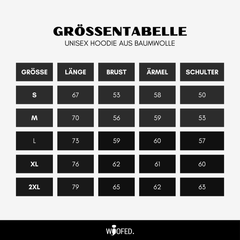 Größentabelle für Unisex-Hoodie "Abstand halten" mit Maßen für S, M, L, XL, 2XL in klar strukturiertem Design