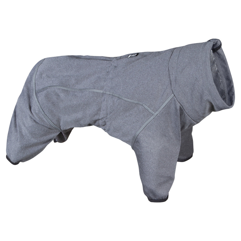 Grauer Hunde-Overall aus wetterfestem Material, Ganzkörperschutz mit Bein- und Halsausschnitten, ideal für kaltes Wetter.