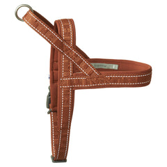 Braunes Hundegeschirr mit weißen Nähten, gepolstert, D-Ring zur Leinenbefestigung, Klickverschluss für leichtes An- und Ausziehen.