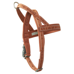 Braunes ECO Hundegeschirr mit weißen Nähten, Metallring und Kunststoffverschluss, ideal für komfortables An- und Ablegen.
