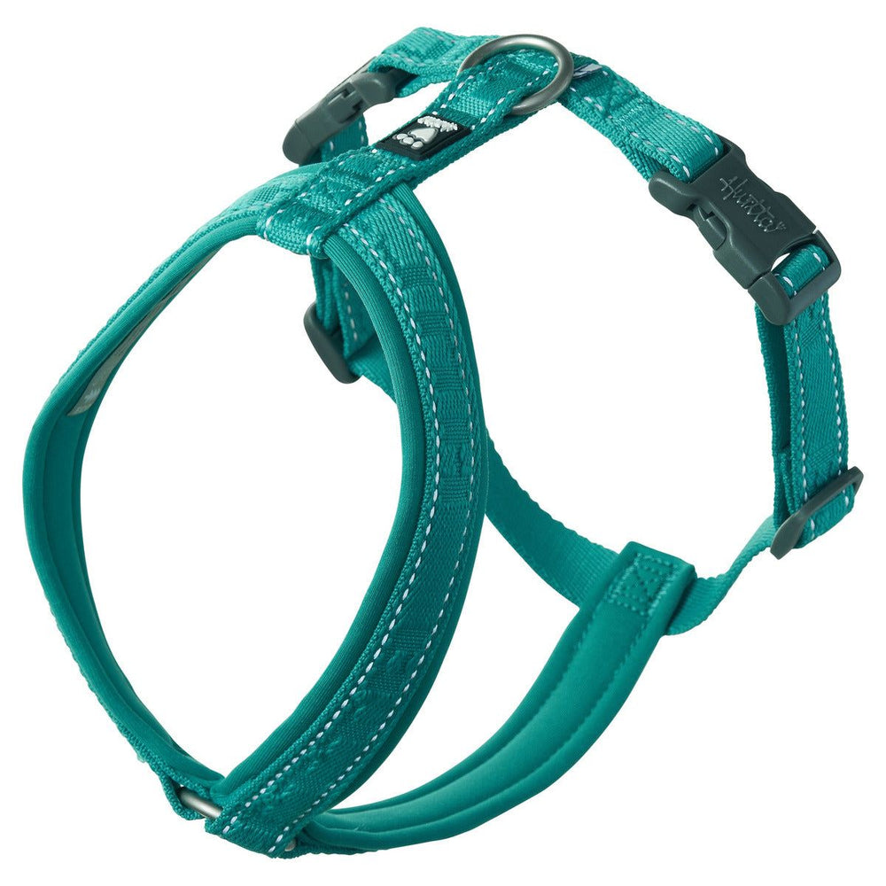 Türkisfarbenes Hundegeschirr Casual Y-Harness ECO mit verstellbaren, gepolsterten Gurten und D-Ring zur Leinenbefestigung.