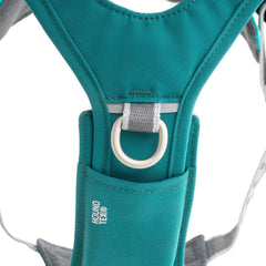 Grünes Hundegeschirr Rover Harness, robust, mit Metall-D-Ring und HoundTex®-Schriftzug; ideal für sicheren Spaziergang.