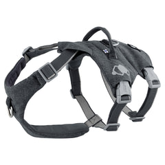 Dunkelgraues, verstellbares Hundegeschirr Safeguard Harness ECO mit robustem Haltegriff und Flaggenmotiv.