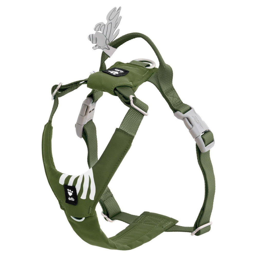 Grünes, ergonomisches Hundegeschirr Seeker aus strapazierfähigem Material mit verstellbaren Riemen und reflektierenden Details.