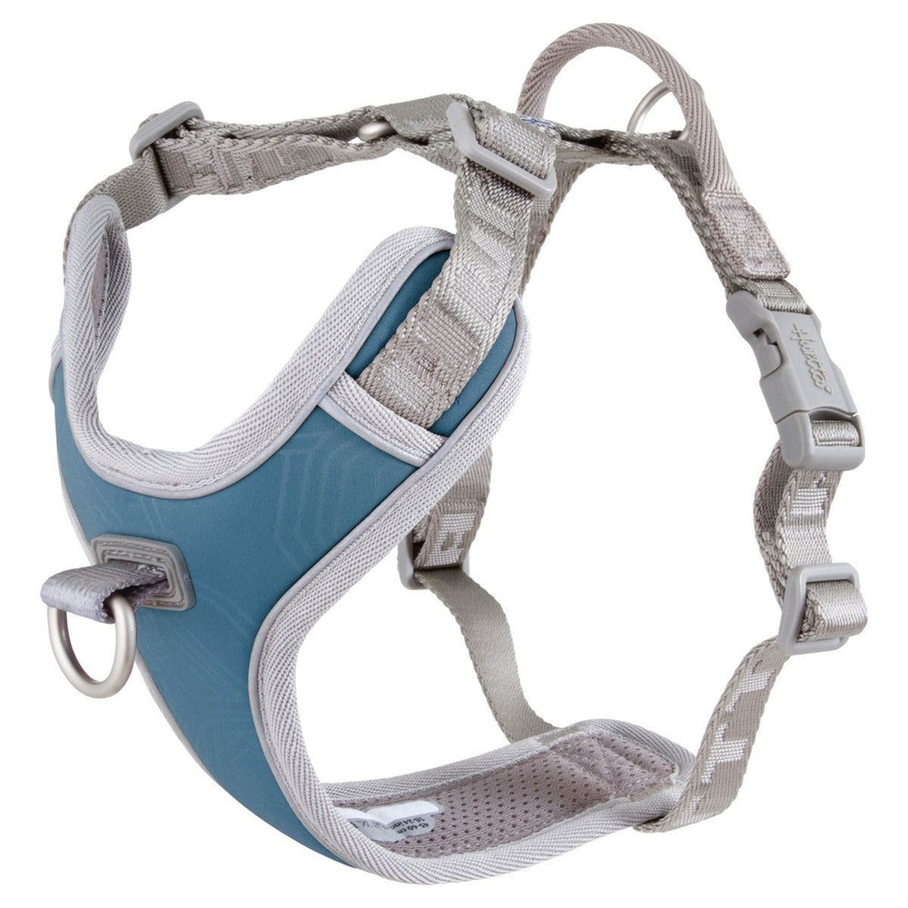 Blau-graues Hundegeschirr Venture No-Pull, atmungsaktiv, gepolstert, verstellbare Riemen, D-Ring vorne, ideal für Spaziergänge.