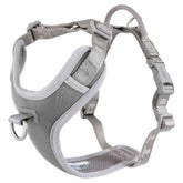 Graues Hundegeschirr mit Polsterung, verstellbaren Gurten, Klickverschlüssen und Metallring, ideal für No-Pull-Training.