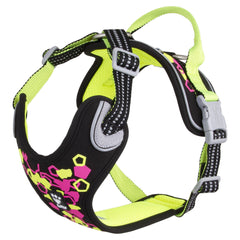 Neonfarbenes Hundegeschirr mit geometrischem Muster, Weekend Warrior Harness II, komfortabel gepolstert mit Kunststoffschnallen.