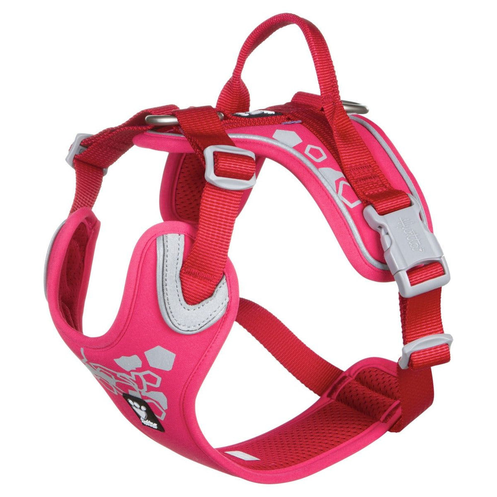 Pinkfarbenes Hundegeschirr Weekend Warrior mit roten Riemen, reflektierenden Details, silbernen Schnallen und gepolsterter Innenseite.