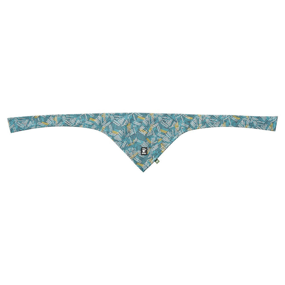 Buntes Hundehalstuch Zhero Safety, ECO-freundlich, mit blau-gelben Linienmuster und mittigem Etikett.