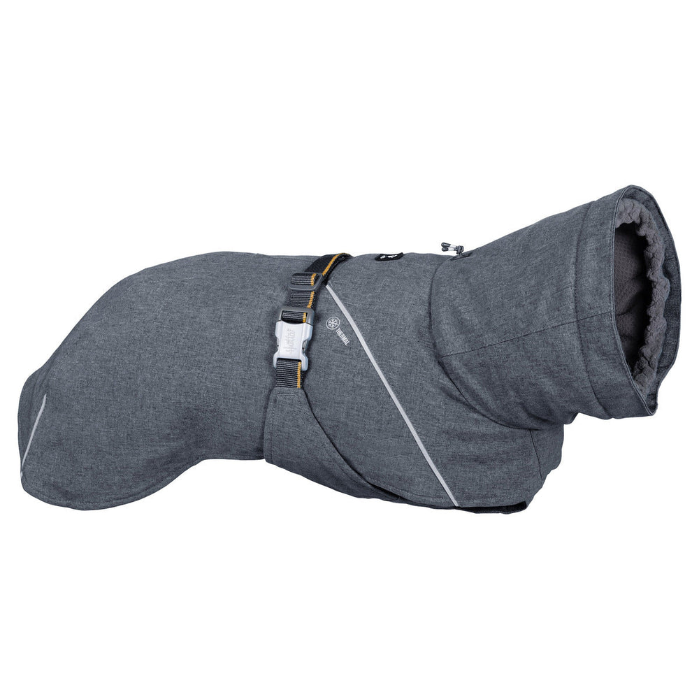 Grauer Hundemantel mit Kapuze, verstellbaren Gurten und Reflektorstreifen für kaltes Wetter. Hundejacke Expedition Parka II.