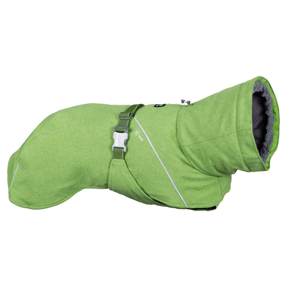 Grüner Hundemantel Expedition Parka II mit reflektierenden Akzenten, Kapuze und verstellbarer Schnalle, weich gefüttert.