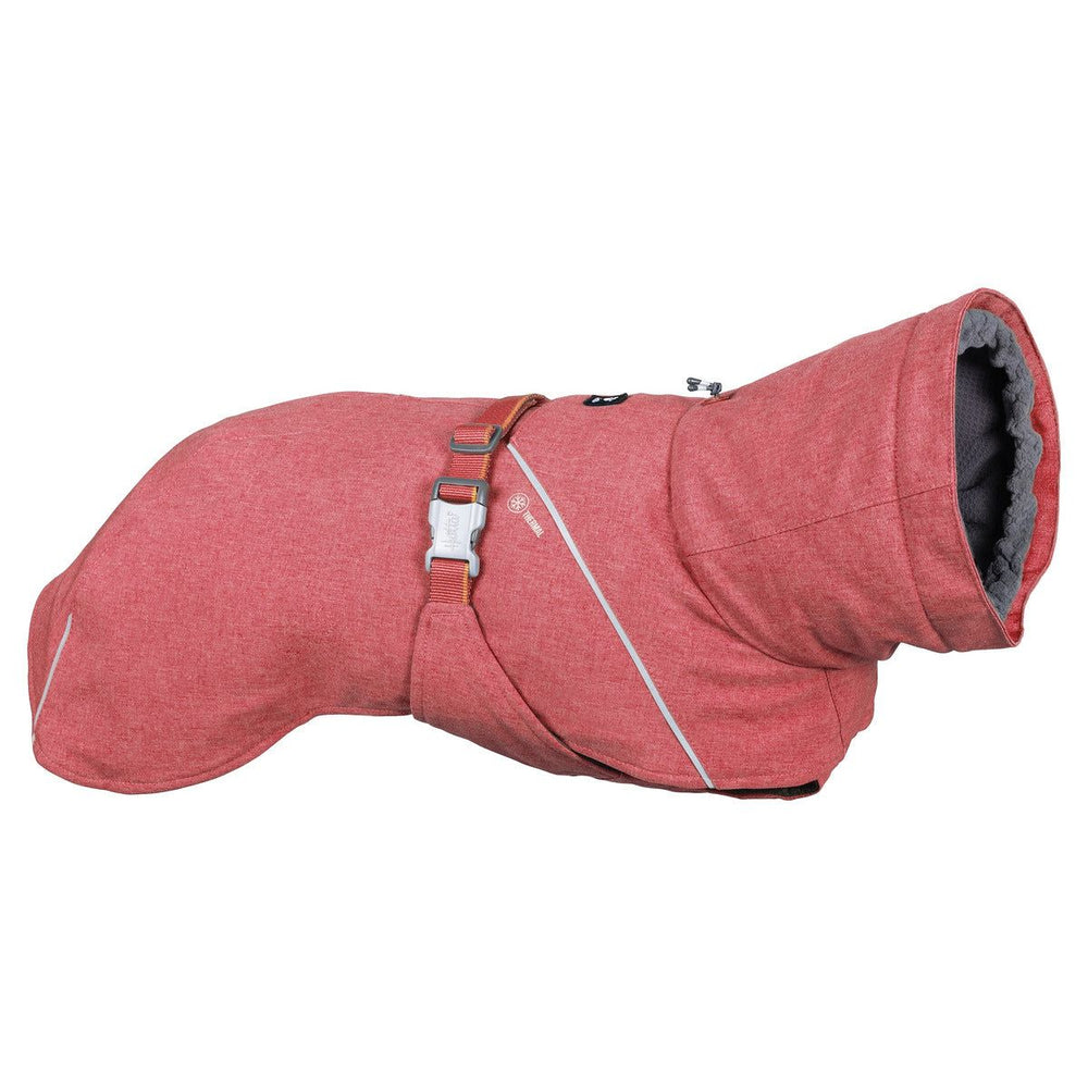 Roter Hundejacke Expedition Parka II mit Geschirr, gefüttert, hoher Kragen, reflektierend, Verschlussriemen und Schnalle.