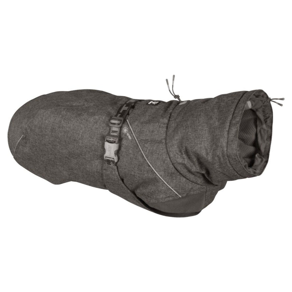 Dunkelgraue Hundejacke Expedition Parka mit Schnallenverschluss und reflektierenden Details; wetterfest und verstellbar am Hals.