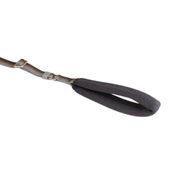 Gepolsterte schwarze Hundeleine mit grauen und gelben Akzenten, verstellbar und umweltfreundlich.