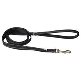 Schwarze ECO Hundeleine mit weißen Nähten, reflektierend, mit Metallkarabiner und Handschlaufe für sicheren Halt.