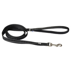 Schwarze ECO Hundeleine mit weißen Nähten, reflektierend, mit Metallkarabiner und Handschlaufe für sicheren Halt.