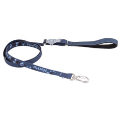 Blau Hundeleine Mudventure Leash mit gepolstertem Griff, metallischen Verschlüssen und Karabiner, Marke Hurtta sichtbar.