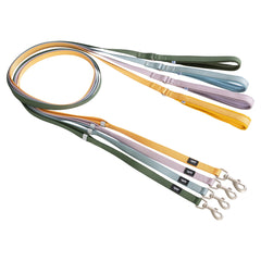 Bunte Hundeleinen aus strapazierfähigem Material mit stabilen Karabinern in Grün und weiteren Farben.