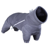 Grauer Hundeoverall aus Stoff mit Reißverschluss und Knöpfen, hoher Kragen, bedeckt gesamten Körper, ideal für kältere Tage.