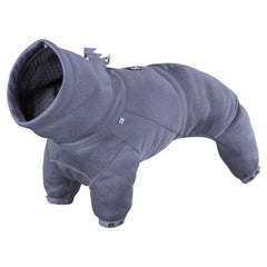 Grauer gepolsterter Hundeoverall mit Kapuze und Beinen, ideal für kaltes Wetter. Hundemantel bedeckt gesamten Körper, kleines Logo auf Rücken.