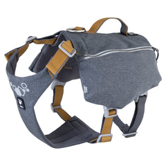 Grauer Hunderucksack Expedition Pack ECO mit gelben Riemen, Reißverschluss, Griff und verstellbaren Schnallen.百