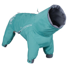 Türkisfarbener Regen-Overall für Hunde mit Kapuze, reflektierenden Streifen und Druckknöpfen an den Beinen für sicheren Sitz.