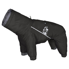 Schwarzer Hundemantel mit Kapuze und Beinen, reflektierenden Details, Pfotenabdruckmuster und verstellbaren Manschetten.