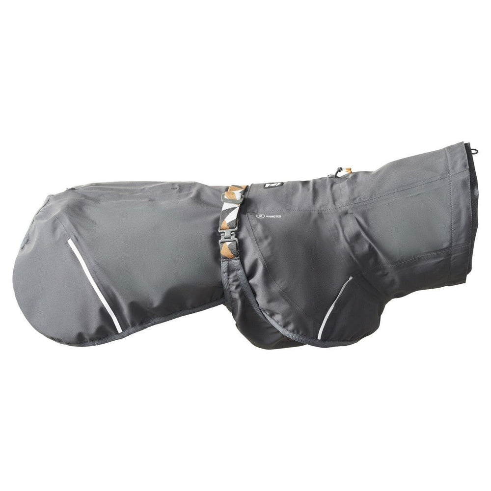 Dunkelgrauer Hundemantel Mudventure Coat ECO mit reflektierenden Streifen, verstellbarem Gurt und wetterfester Polsterung.
