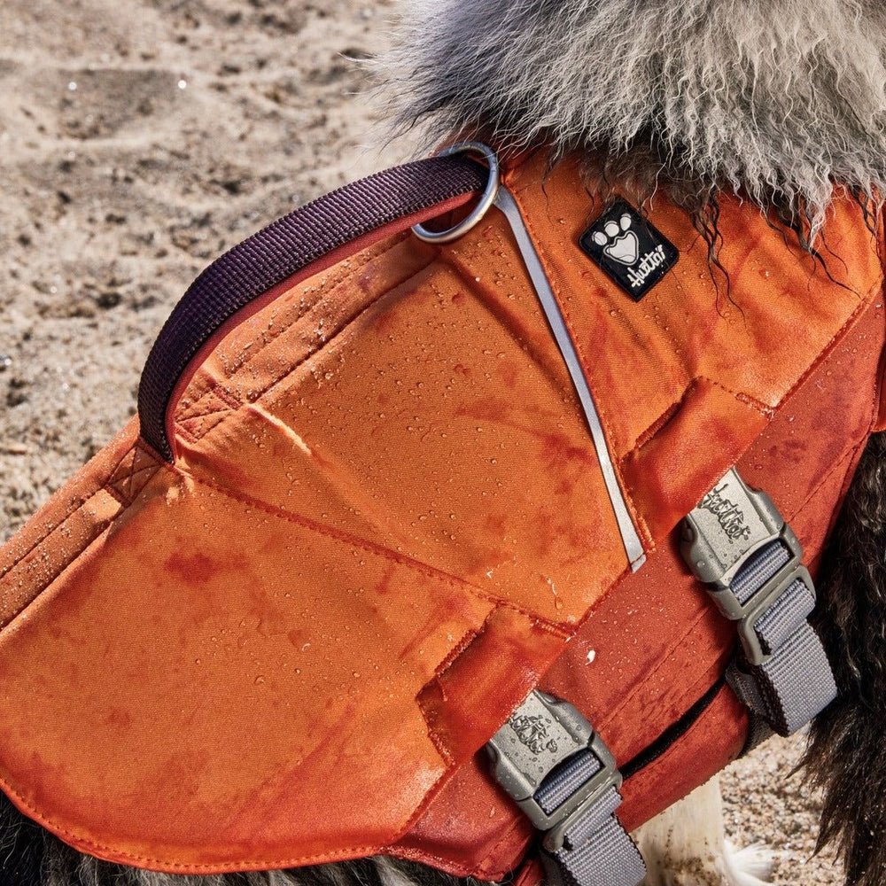 Hund mit orangefarbener Schwimmweste Life Savior ECO, reflektierende Details, Tragegriff, schwarze Schnallen, draußen auf Sand.