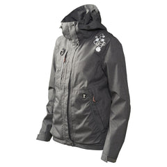 Graue Trainingsjacke mit Kapuze, Reißverschluss und grafischem Schulterdesign, umweltfreundliches Material, ideal für Sport und Freizeit.