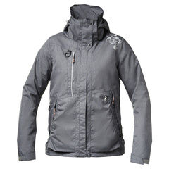 Graue ECO Trainingsjacke mit Kapuze, Brusttasche, Wabendesign-Schulter und kleinem Logo, ideal für Outdoor-Aktivitäten.