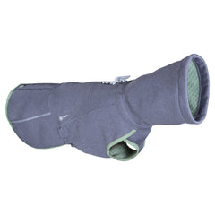 Grauer Hundemantel mit grünem Rand, kariertem Innenfutter, hohem Kragen; Wendejacke Razzle-Dazzle für Hunde.