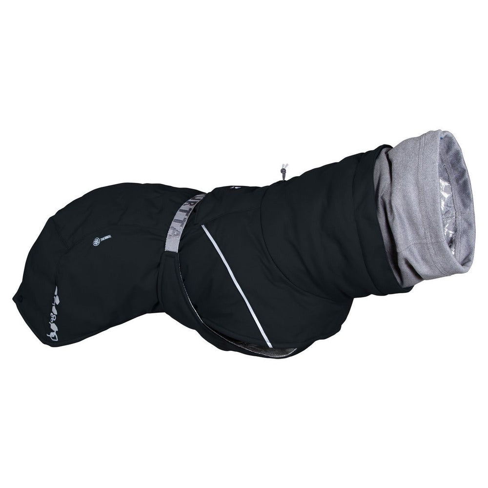 Schwarzer isolierender Hundemantel mit reflektierenden Details, hohem Kragen, verstellbarem Gurt und Reißverschluss - Winterjacke Extreme Warmer III ECO.