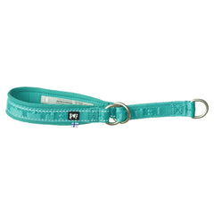 Türkisfarbenes Zug-Stop-Hundehalsband aus verstärktem Nylongewebe mit Metallringen, Pfotenabdruck-Aufnäher und kleiner Flagge. ECO-Design.