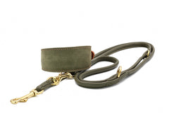 Elegante olivgrüne Leder-Hundeleine mit goldener Schnalle und gepolsterter Handgriffschlaufe für stilvolle Spaziergänge.
