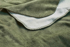 "Stilvolle Wendedecke REVERSO in olivgrün und weiß, mit dekorativer Naht und weicher Textur - ideal für gemütliche Abende."