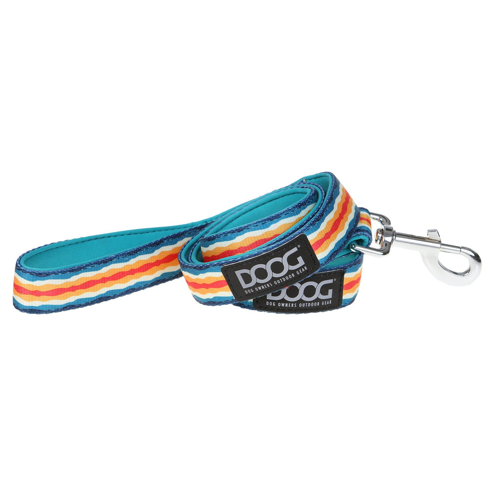 Bunte DOOG Neoprene Hundeleine in Blau, Gelb, Orange und Rot mit robustem Material und silbernem Karabinerhaken.