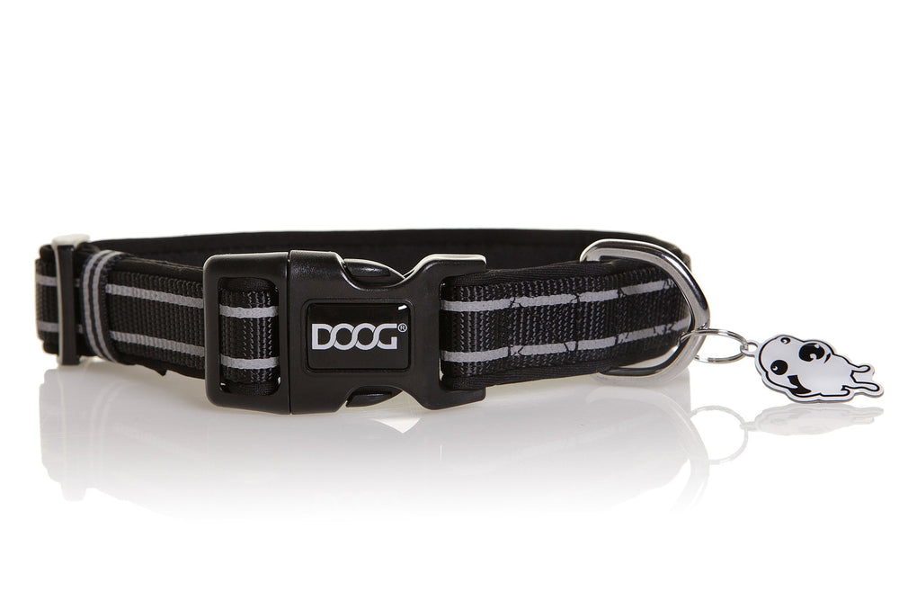 Schwarzes Neopren-Hundehalsband mit reflektierenden Streifen, robuster Schnalle und silbernem D-Ring für Leinen.