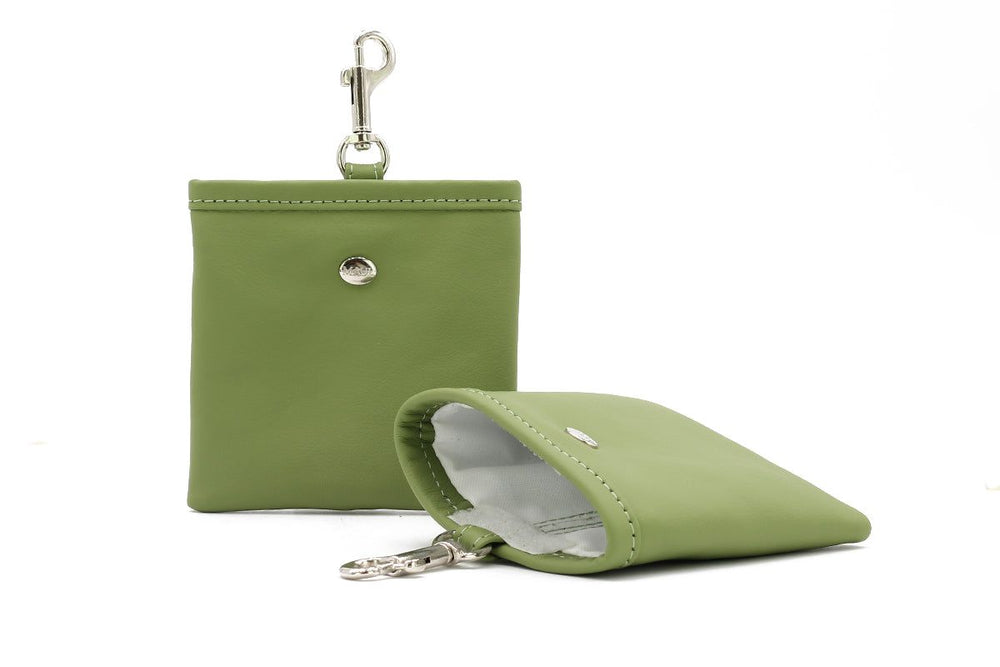 Grüne Kunstleder-Tasche mit Karabinerhaken und Druckknopfverschluss, ideal für Leckerlis und unterwegs.