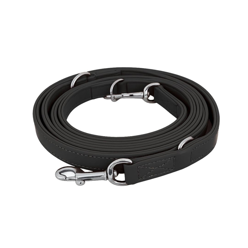 Schwarze flache Hundeleine aus robustem Material mit Ösen und Karabinerhaken für sicheres Führen von Hunden.