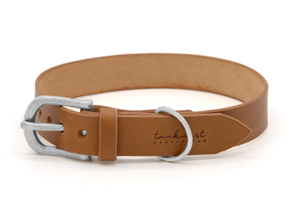 Braunes Leder-Welpenhalsband WALDSTREUNER mit silberner Schnalle und schlichter Form. Perfekt für junge Hunde.