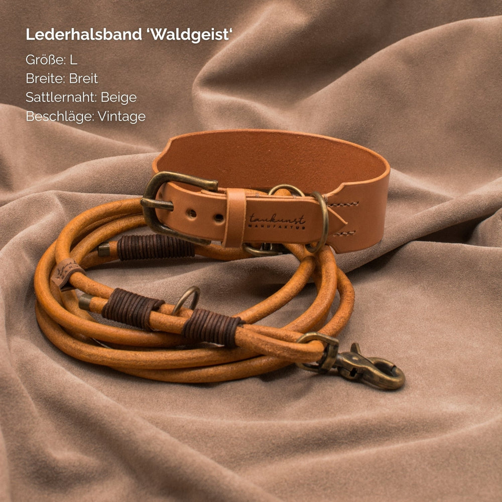 Beiges Lederhalsband „Waldgeist“ in Größe L mit Vintage-Beschlägen für Hunde.
