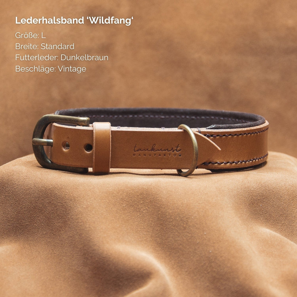 Lederhalsband "Wildfang" in L, hellbraun außen und dunkelbraun innen, mit vintage Stil für Hunde.