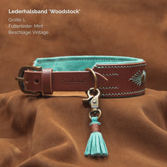Braunes Lederhalsband "Woodstock" in Größe L mit mintfarbenem Futter und Vintage-Beschlägen für stilvolle Hunde.