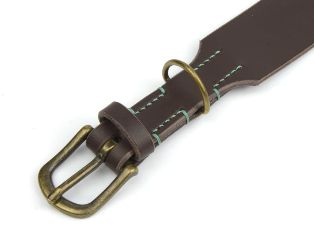 Braunes Lederhalsband "Waldgeist" mit messingfarbener Schnalle und dekorativer grüner Naht für stilvolle Haustiere.